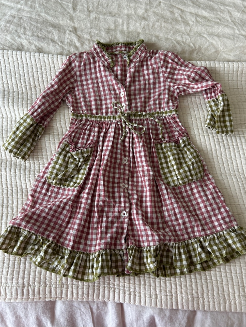 Pink Gingham Button-Front Kids Dress with Olive Accents